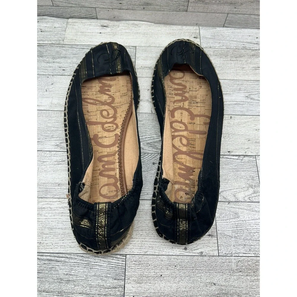 Sam‎ Edelman Jessa Striped Espadrille Flats Casual Black Gold Women's Size 8M